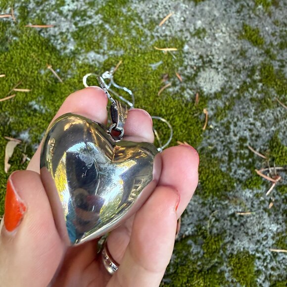 Vintage Silver Enormous Puffy Heart Pendant Chain Necklace 30" - Picture 3 of 5